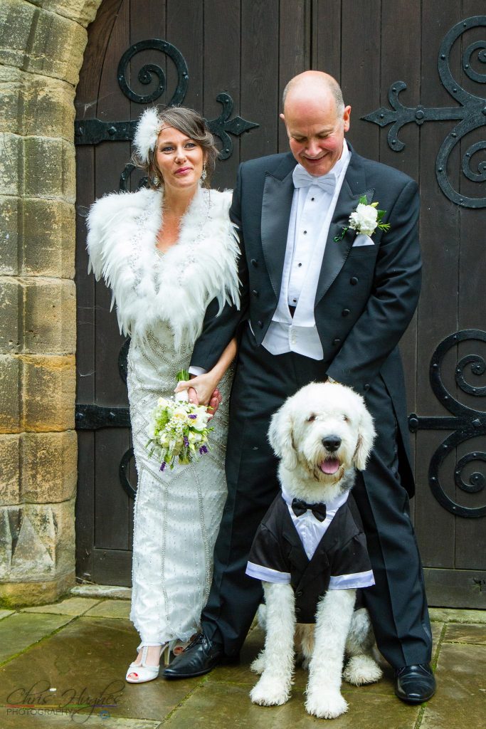 Bride & Groom & Pet at the wedding of John & Gill at St James Church, Bishop Auckland