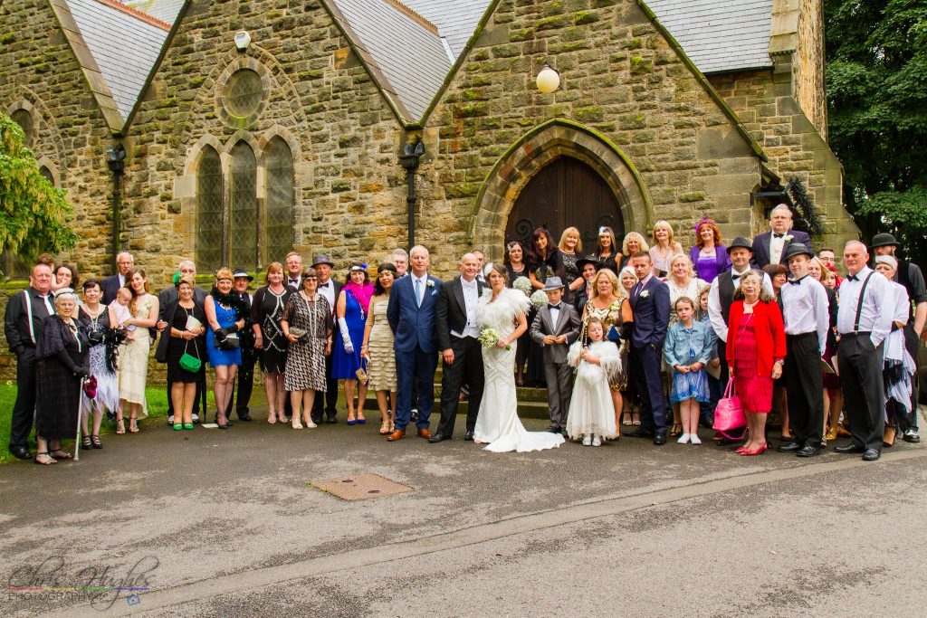Group Photo at the wedding of John & Gill at St James Church, Bishop Auckland